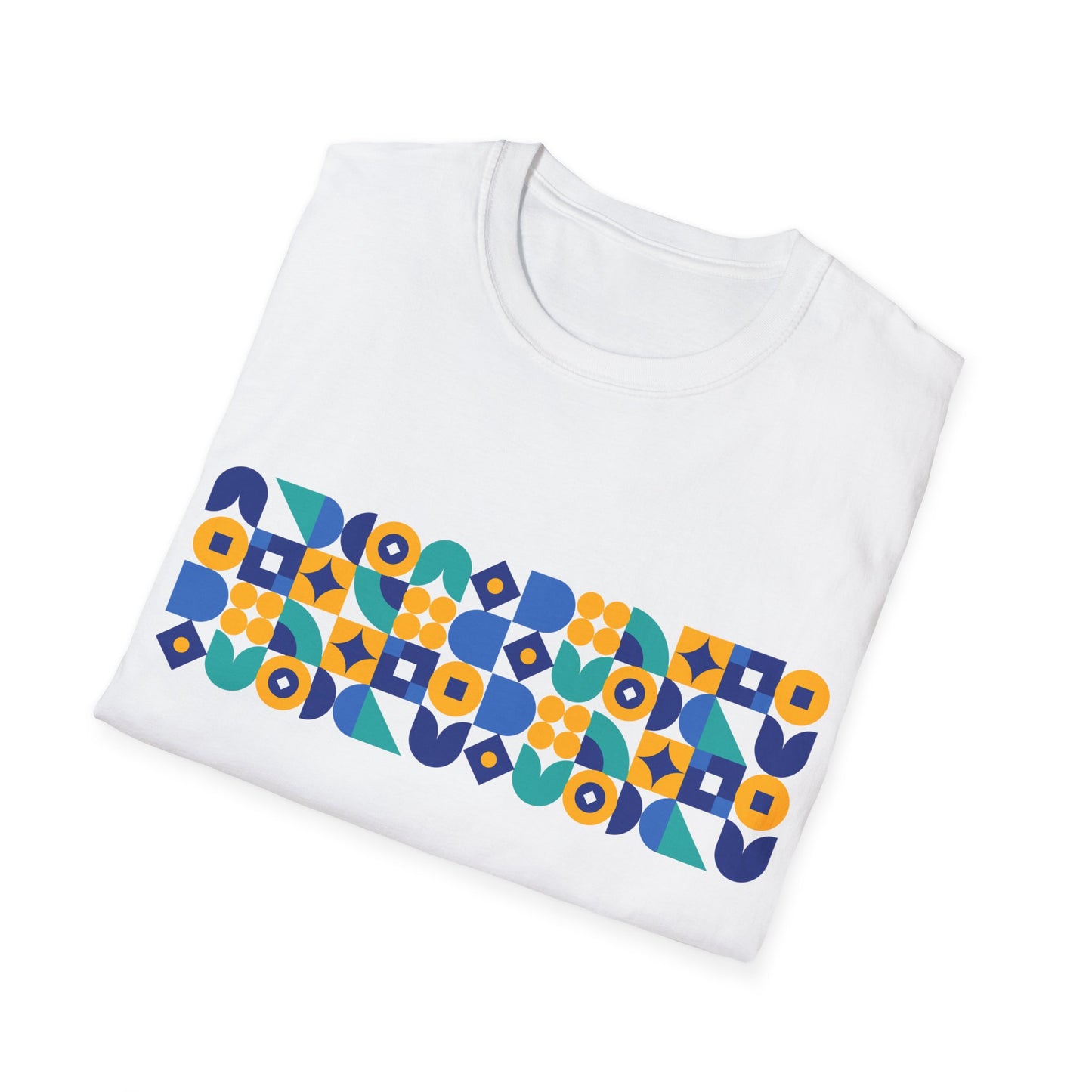 Geometric Shapes Pattern T-Shirt for Men & Women | Modern Blue & Yellow Graphic Tee