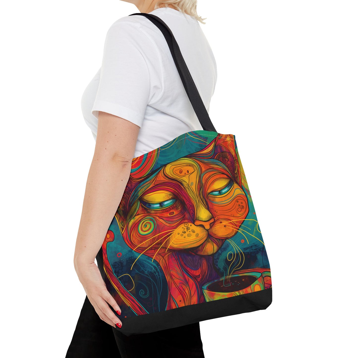 Caffeine & Cats Tote Bag, Travel Bag, Cat Lover Gift, Shopping Tote, Canvas Tote, Reusable Grocery Bag