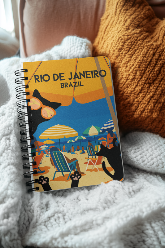 Rio de Janeiro Cat Notebook – A5 Softcover Journal, Beach Vibes Travel Diary, Gift for Pet Lovers, Summer Memories & Creativity